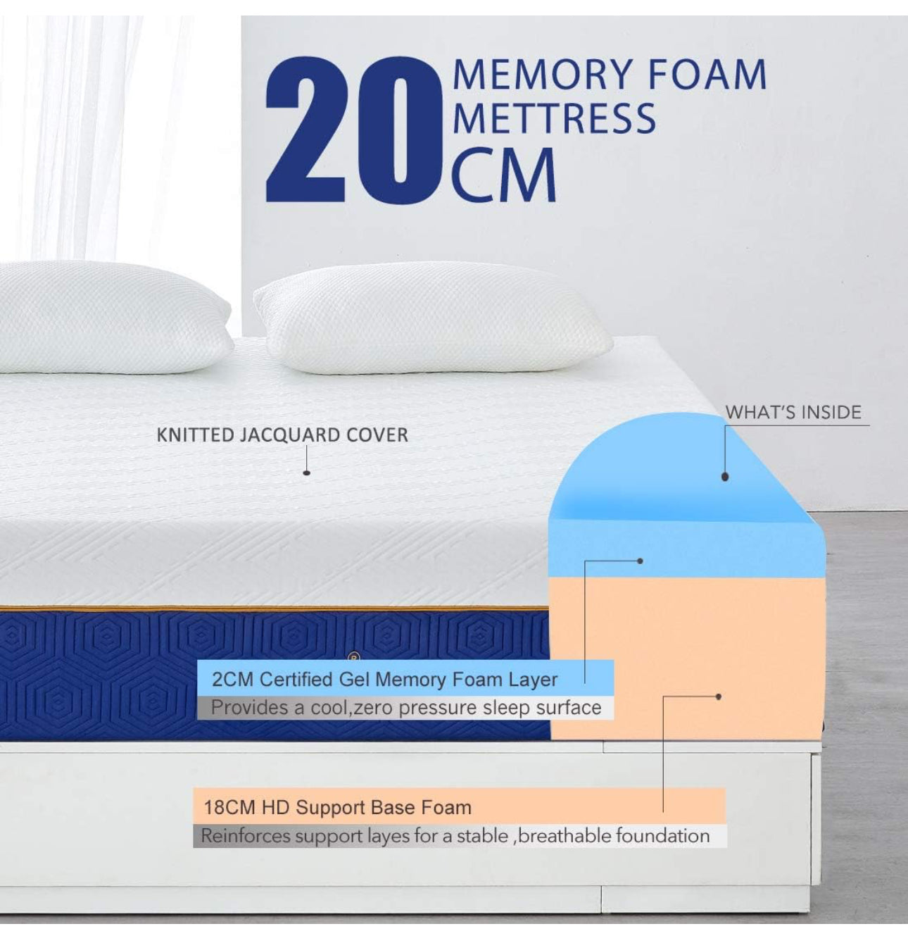 25CM Double Mattress, Gel Memory Foam, Pressure Relieving, Medium Firm Feel with Cooling Cover, Breathable, Double Bed Mattress 135cm x 190cm