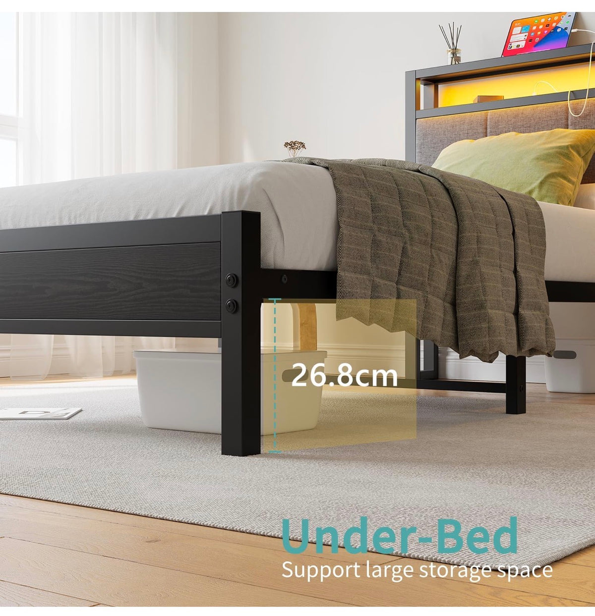 3FT Single Bed Frame with Storage Headboard, Black
Metal Single Bed with Upholstered Headboard, LED Lights and Charging Station, Heavy Duty Metal Slats Support,Easy Assembly