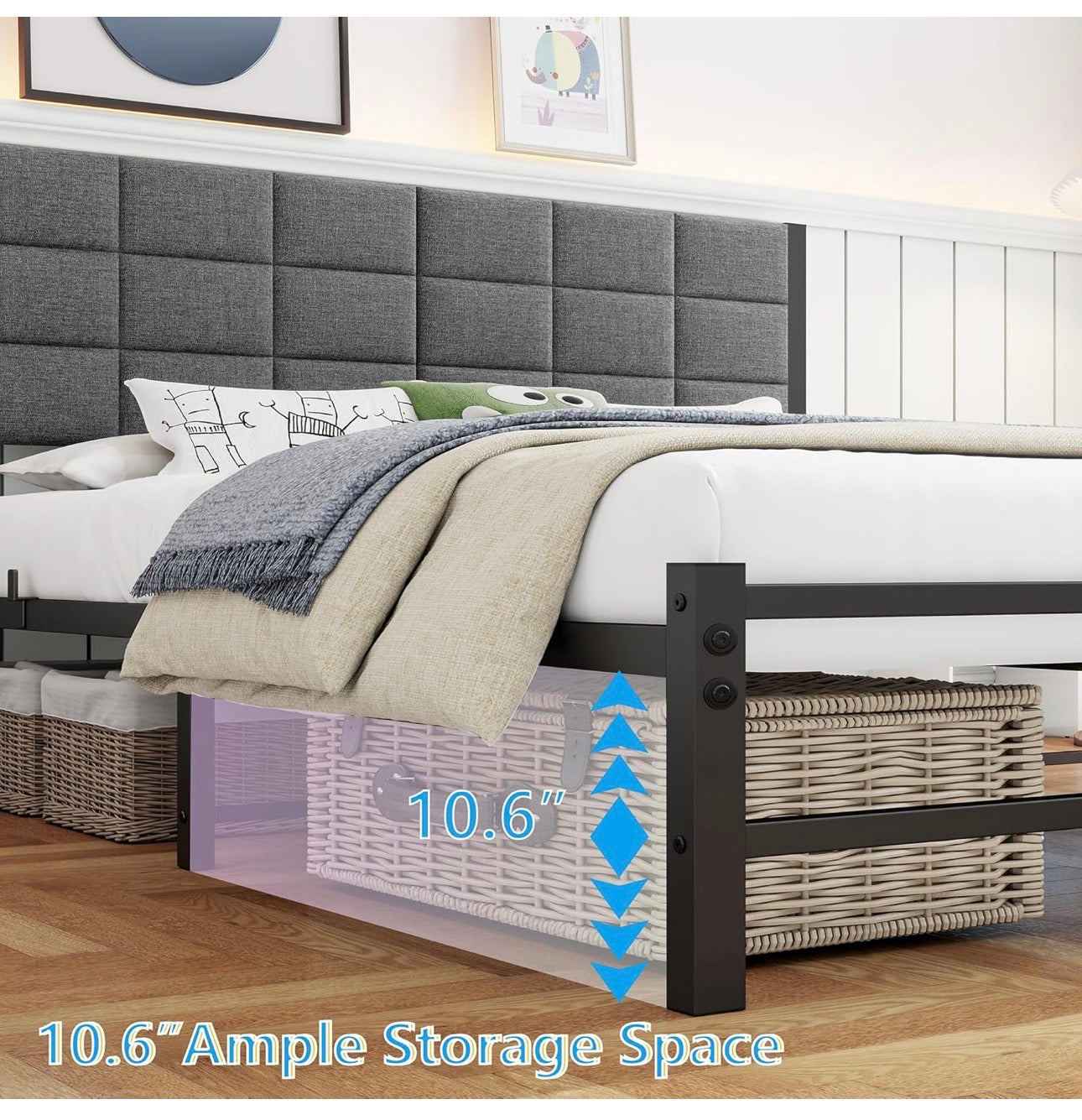 5ft King Size Bed Frame with Headboard,Metal Bed Frame Kingsize Bed Upholstered Platform Bed with Steel Slat Support,No Box Spring Needed,Easy Assembly,Noise Free,Grey Linen