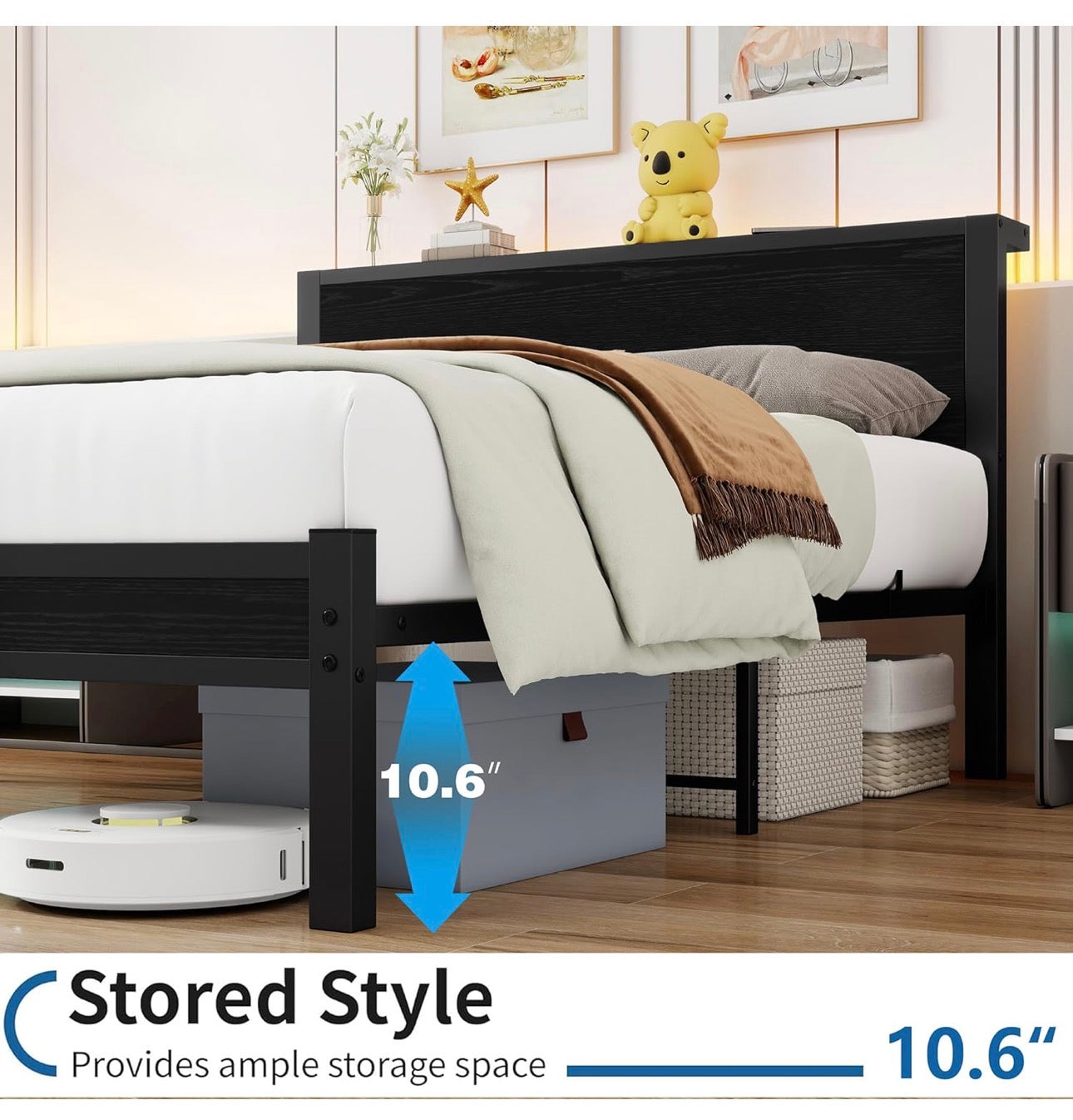Double Bed Frame Metal Platform Bed Frame with Wood Headboard