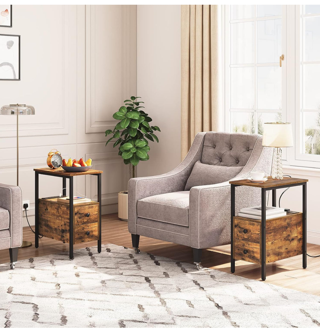 2 Bedside Tables, Side Table with Charging Station