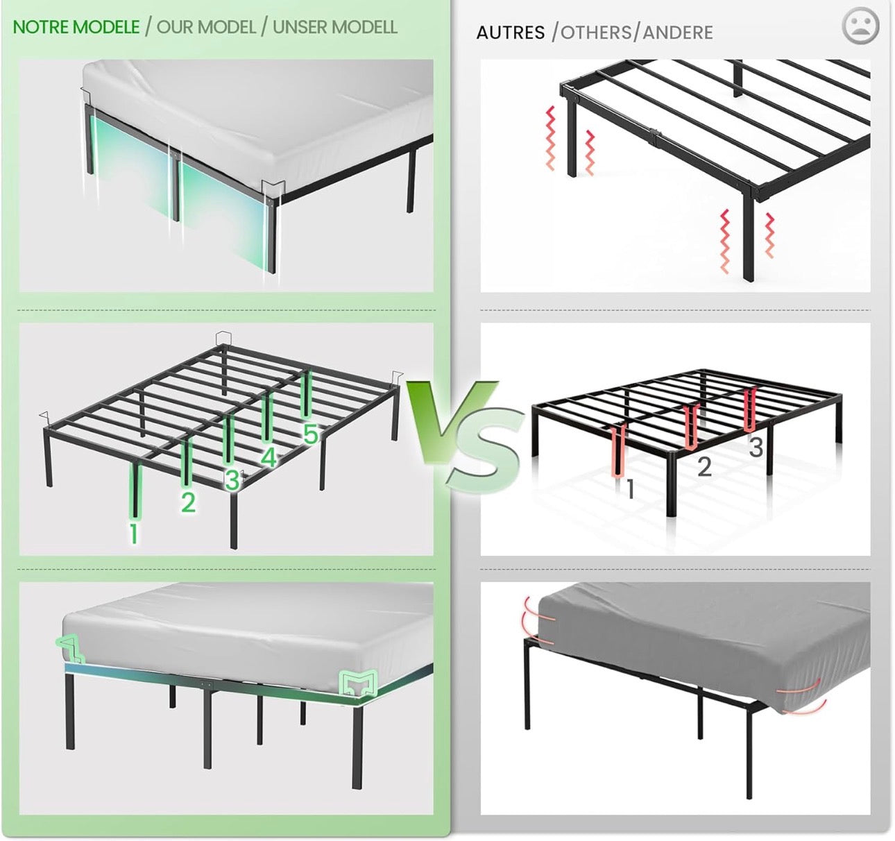 Super King Size Bed Frame 180 x 200 cm - Sturdy Metal Bed Frame with Steel Slat Support - 36cm Height