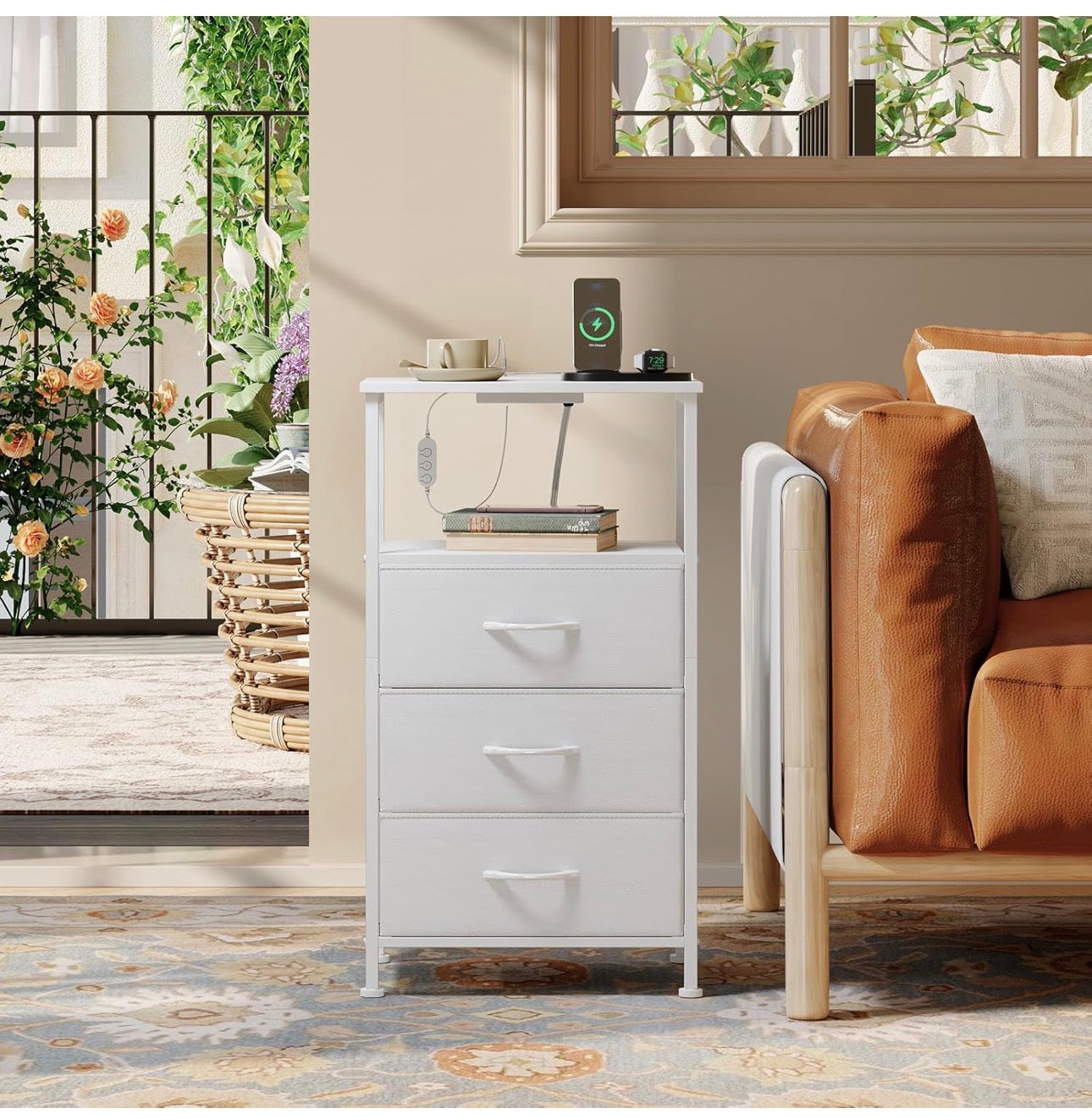 3 Drawers Chest of Drawers for Bedroom with Charging Station and LED Light, Bedside Table with 2 Outlets and 2 USB Ports, Bed Side Table Cabinet for Dorm Kids Room Closet, White Leather