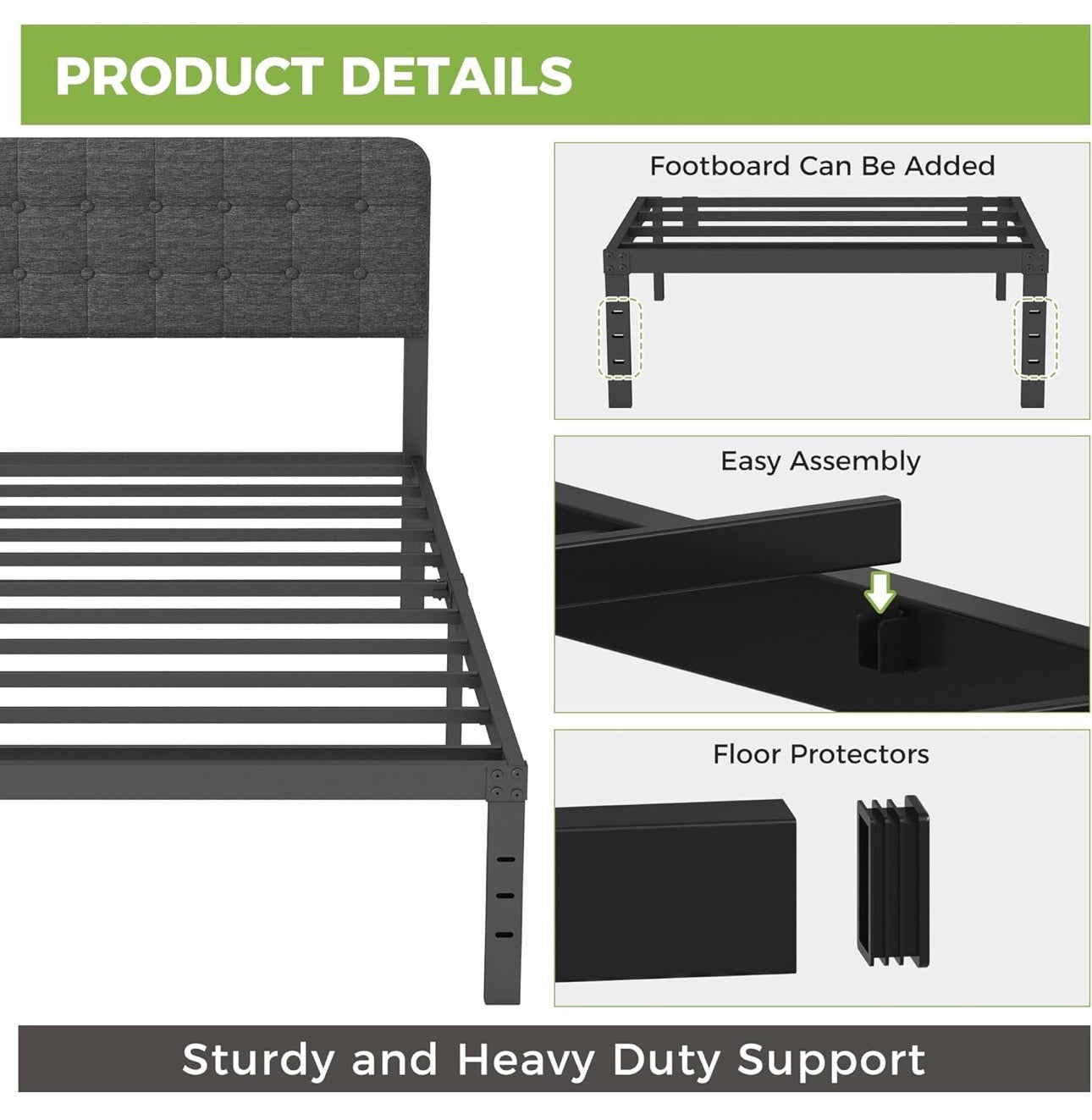 3ft Single Bed Frame with Upholstered Headboard and Footboard, 36cm High Metal Bed Frame Single 90x 190cm