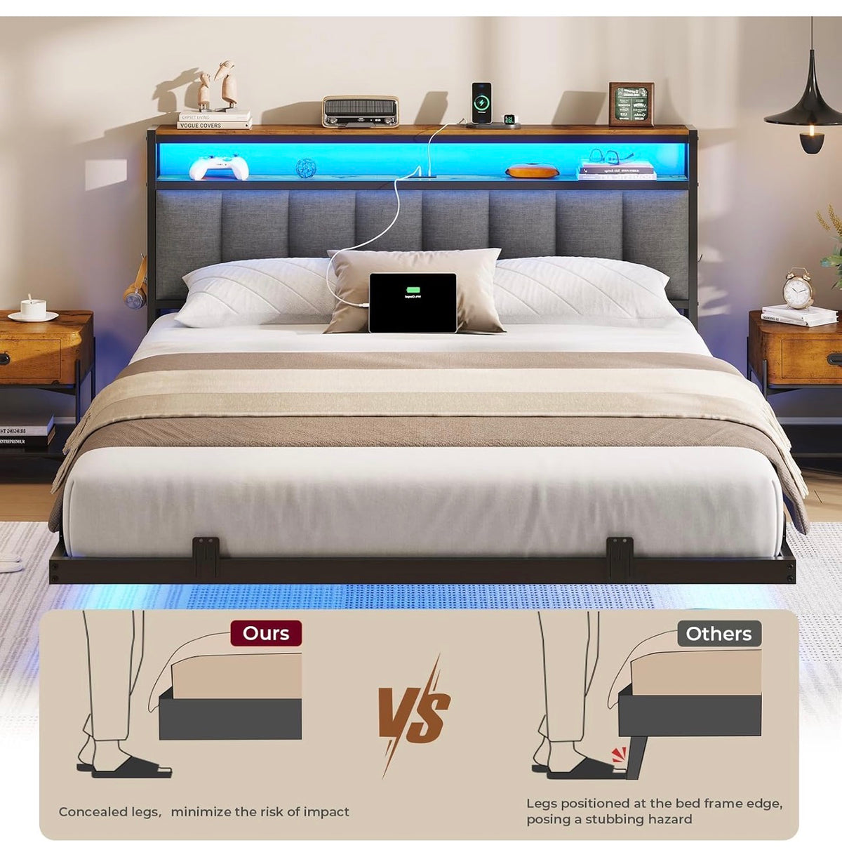 Double Bed Frame 135x190 cm with Floating Visual Effect, 4ft6 Metal Bed Frame with Adjustable LED Lighting and Charging Station, Double Bed with Headboard, Dark Grey (Mattress Not Included)