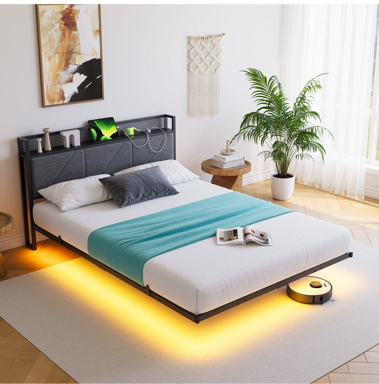 Floating Double Bed Frame with LED Lights & USB Charging Station, 135x190cm