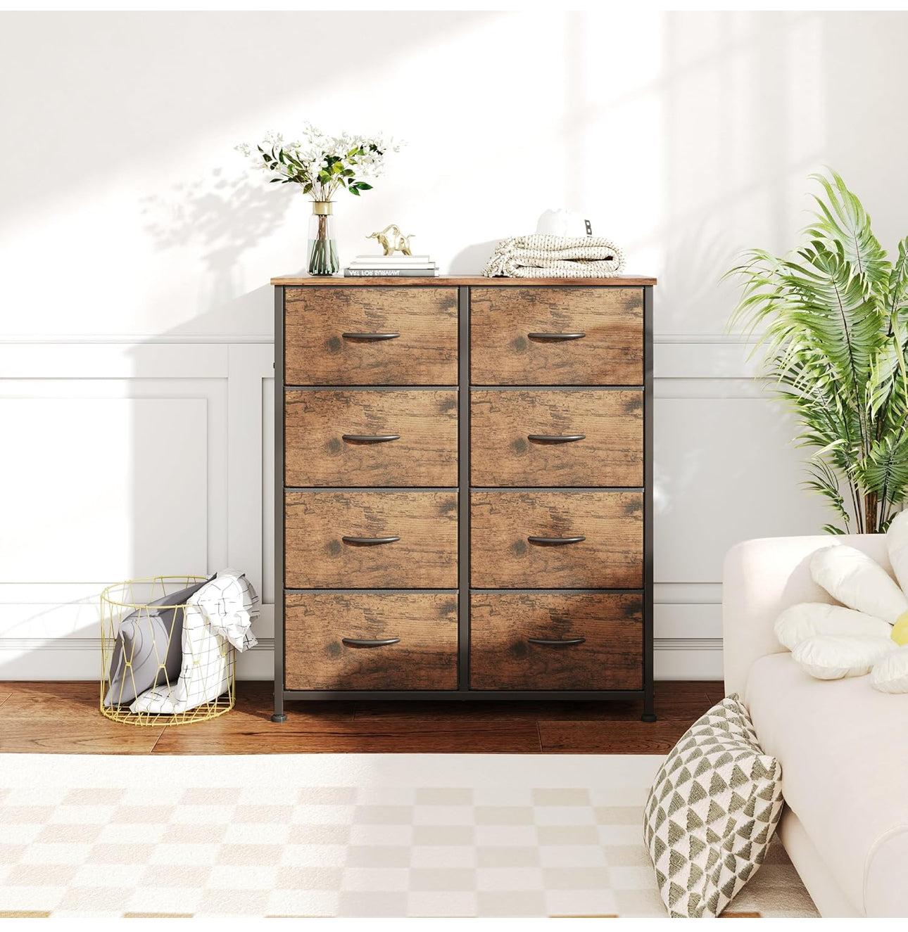 8 Drawers Chest of Drawers, Fabric Storage Dresser Vertical with Spacious Wooden Tabletop