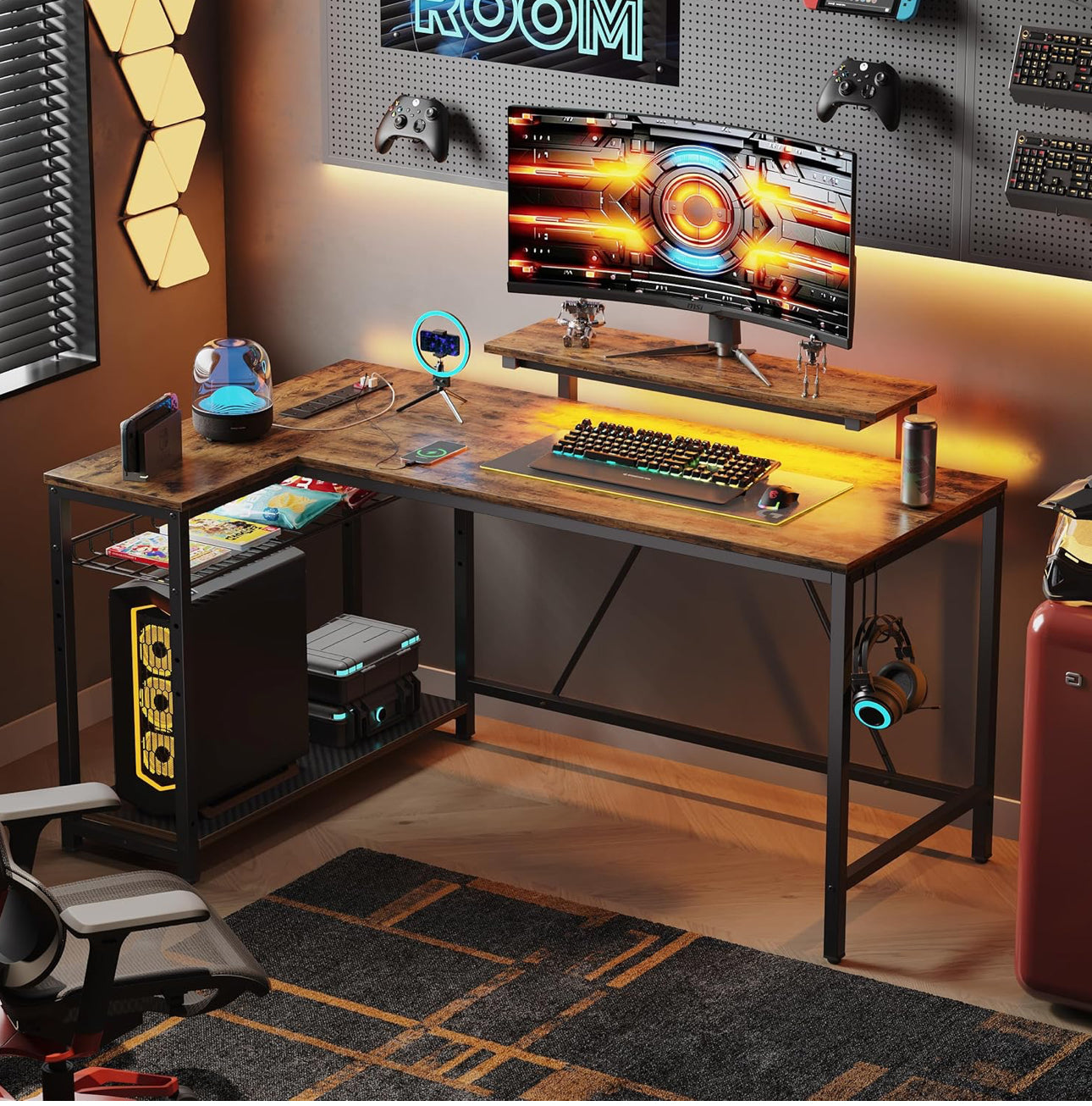 L Shaped Desk with Power Outlets & LED Lights