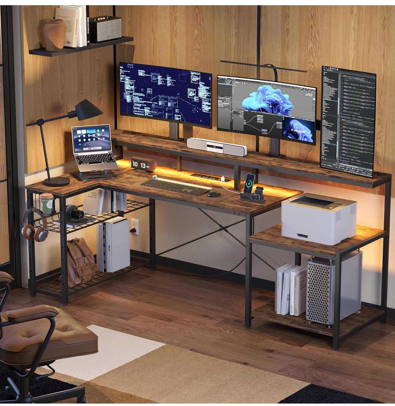 181CM L Shaped Corner Desk with Power Outlets LED Lights Gaming Desk