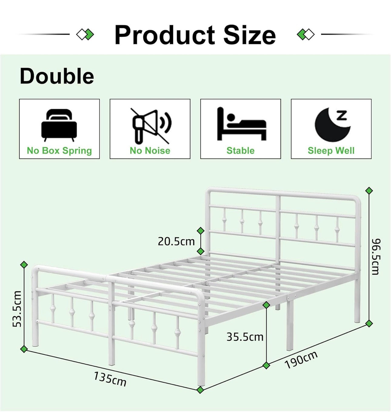 4ft6 Double Bed Frame with Headboard and Footboard, Metal Double Bed Frame Under Bed Storage 36cm