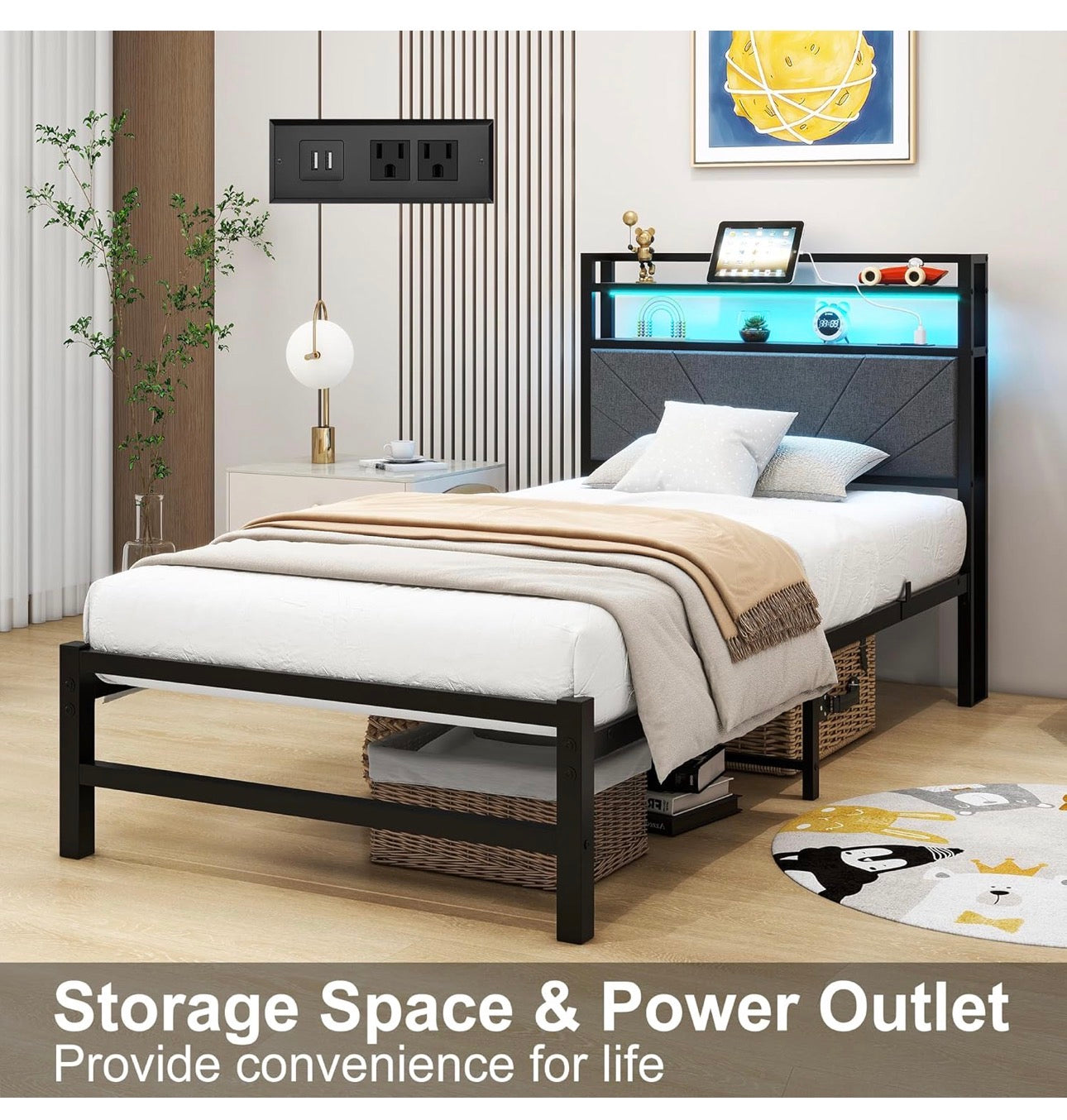 3ft Single Size Bed Frame with LED Lights Storage Upholstered Headboard and Charging Station
