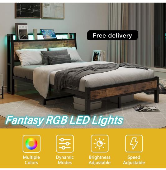 Double Size Bed Frame with Charging Station and LED