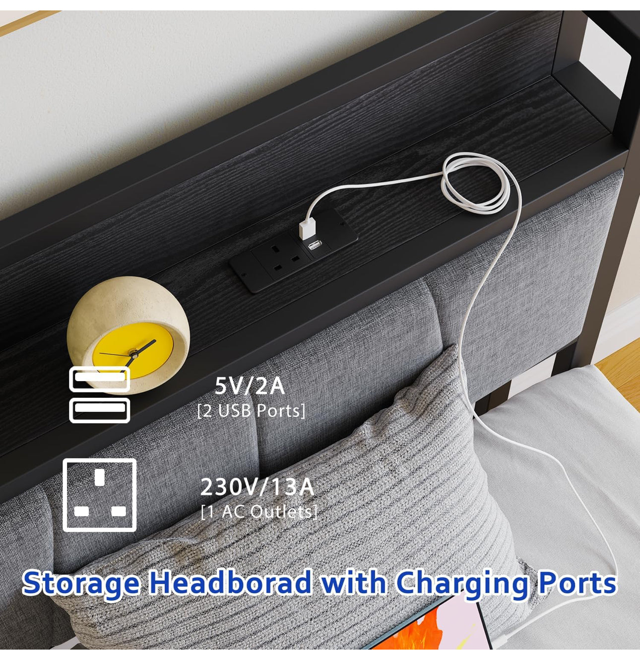 3ft Single Bed Frame with Storage Headboard,LED Lights,Metal Upholstered Platform Bed Frame with Charging Station
