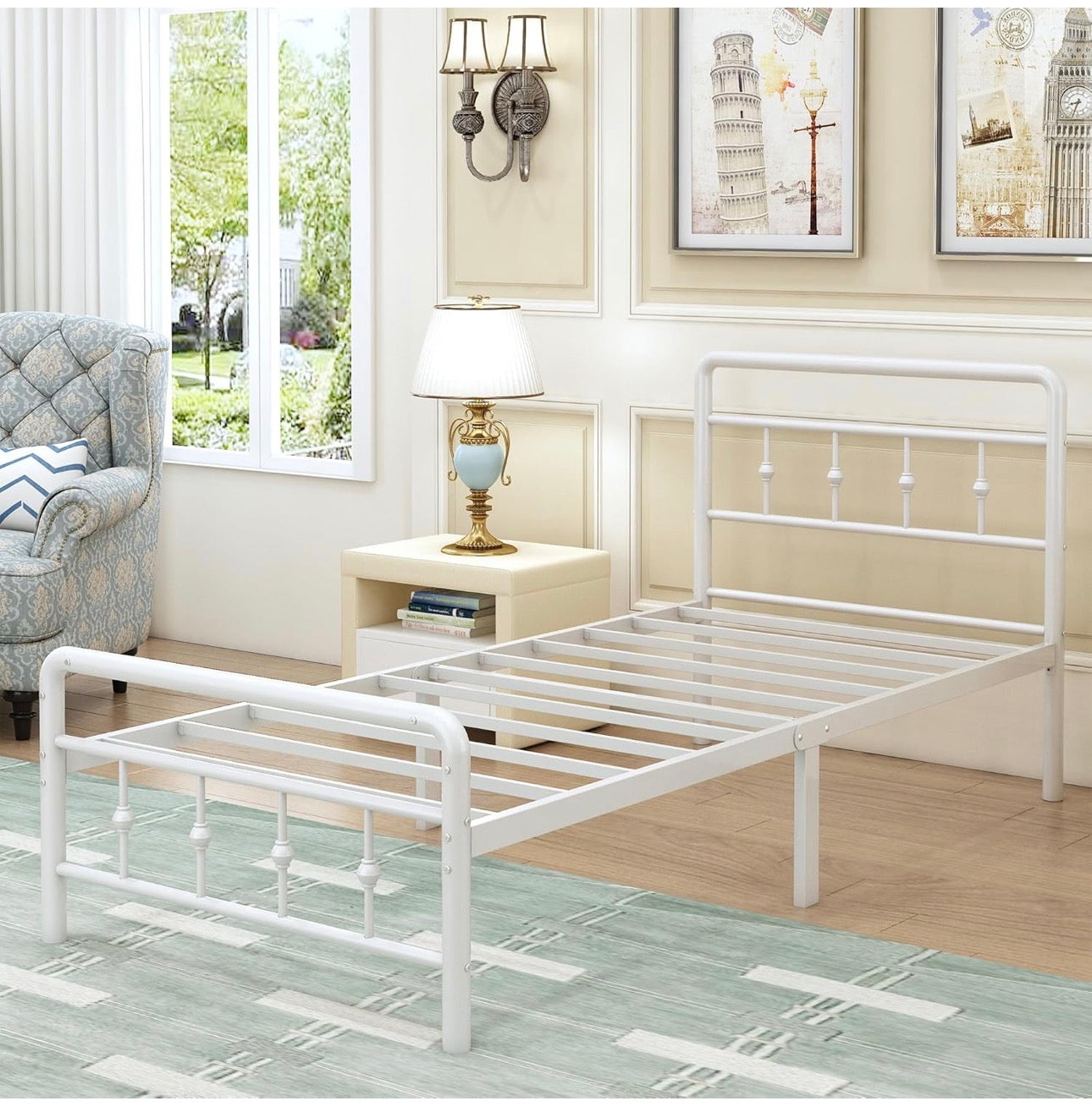 3ft Single Bed Frame with Victorian Headboard and Footboard, Single Metal Bed Frame Heavy Duty Strong Slats, Ample Storage Space, Noise Free, Easy Assembly, White