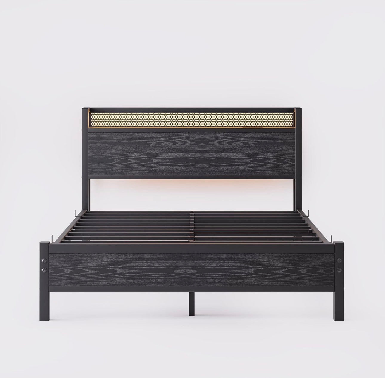 Double Bed Frame with LED Lights Storage Headboard,4ft6 Metal Bed Frame Double Bed with Charging Station