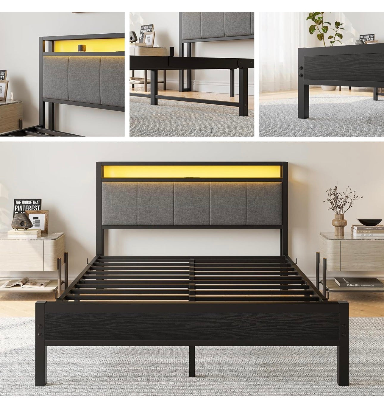 5FT King Size Bed Frame with LED Lights and Charging Station, Heavy Duty Metal Platform Upholstered King Bed frame with Storage Fabric Headboard,Metal Slats Support,Mattress Foundation (Black)