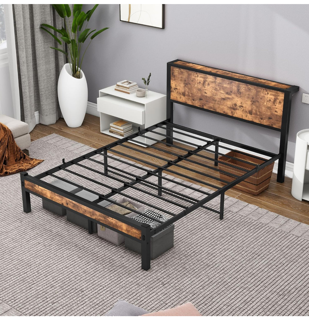 Bed Frame with Wooden Storage Shelf Headboard, Metal Platform Bed Frame Double