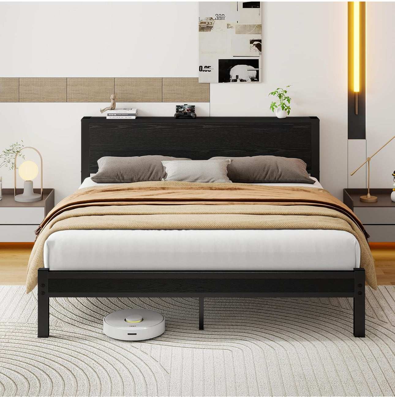 King Size Bed Frame with Storage Wooden Headboard