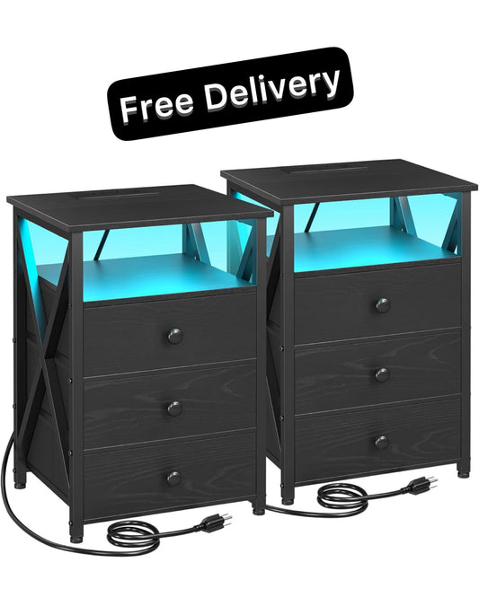 Bedside Table Set of 2 with Charging Station Black