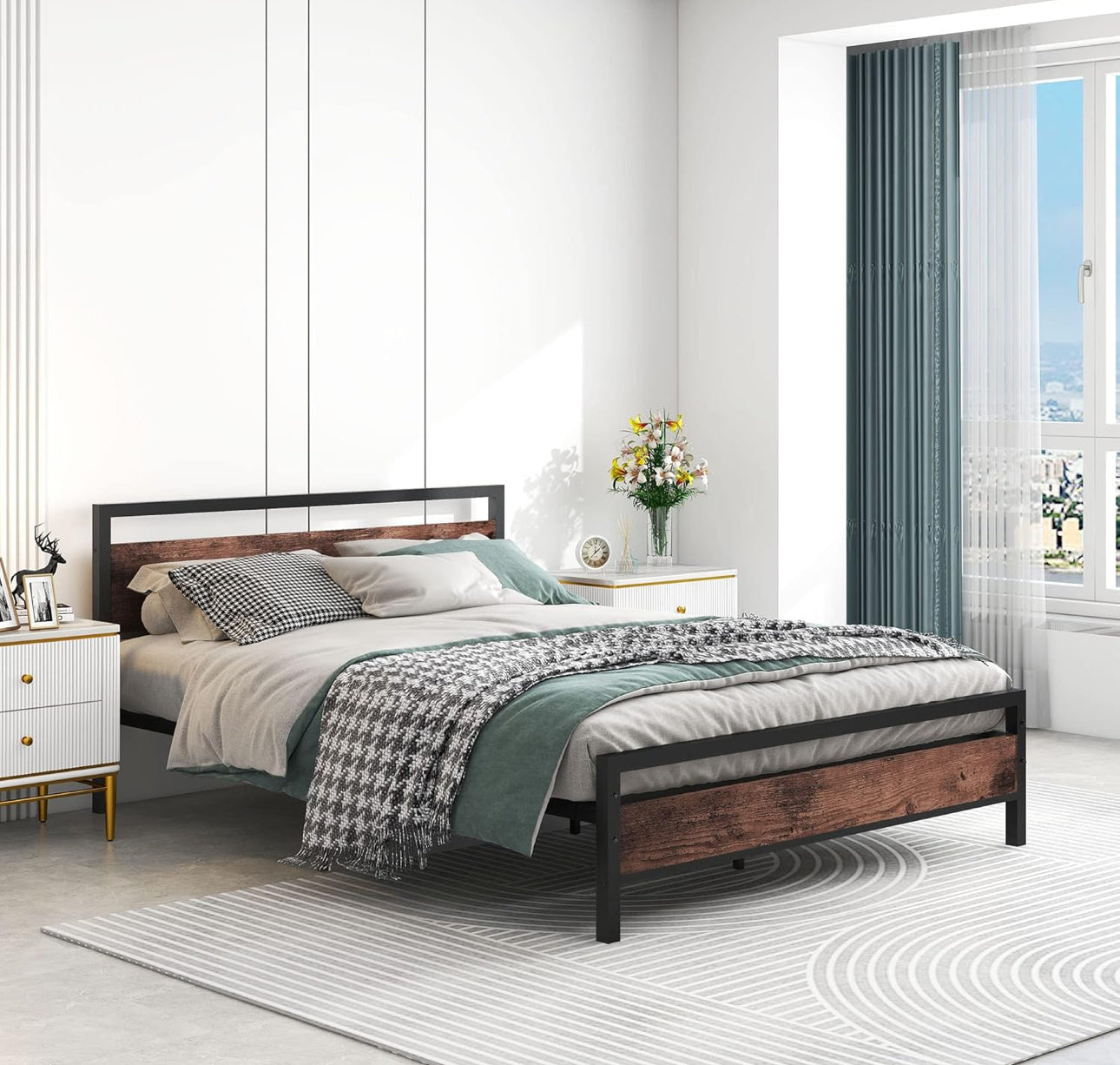 Metal Platform Bed Frame King Size with Wooden Headboard