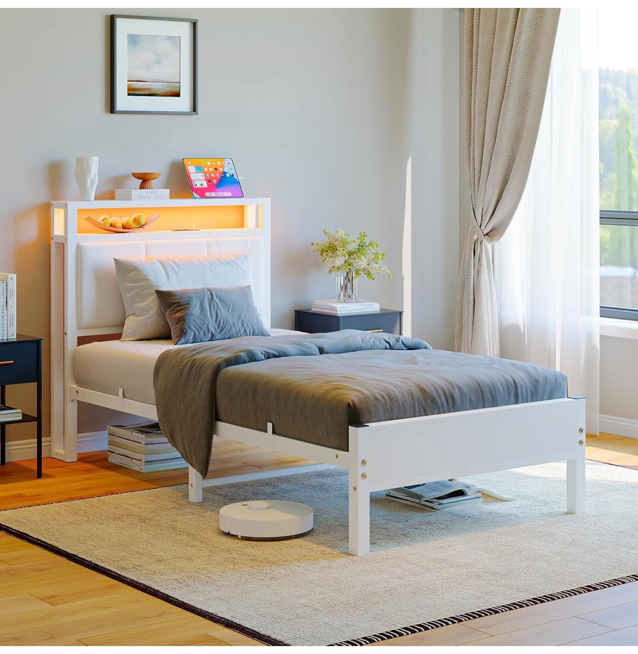 3FT Single Bed Frame with LED Lights and Charging