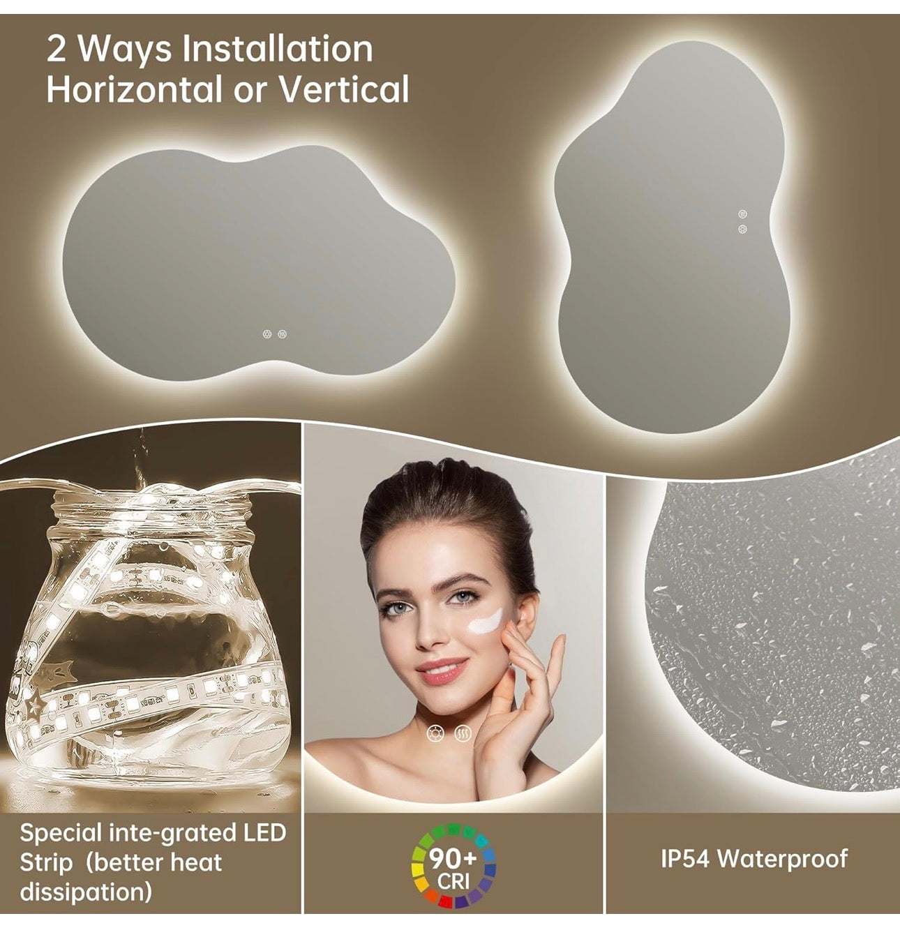 Bathroom Mirror with LED Lights,100X60cm Irregular LED Bathroom Mirror, Anti-Fog, 3 Colour, Dimmable, Vertical/Horizontal
