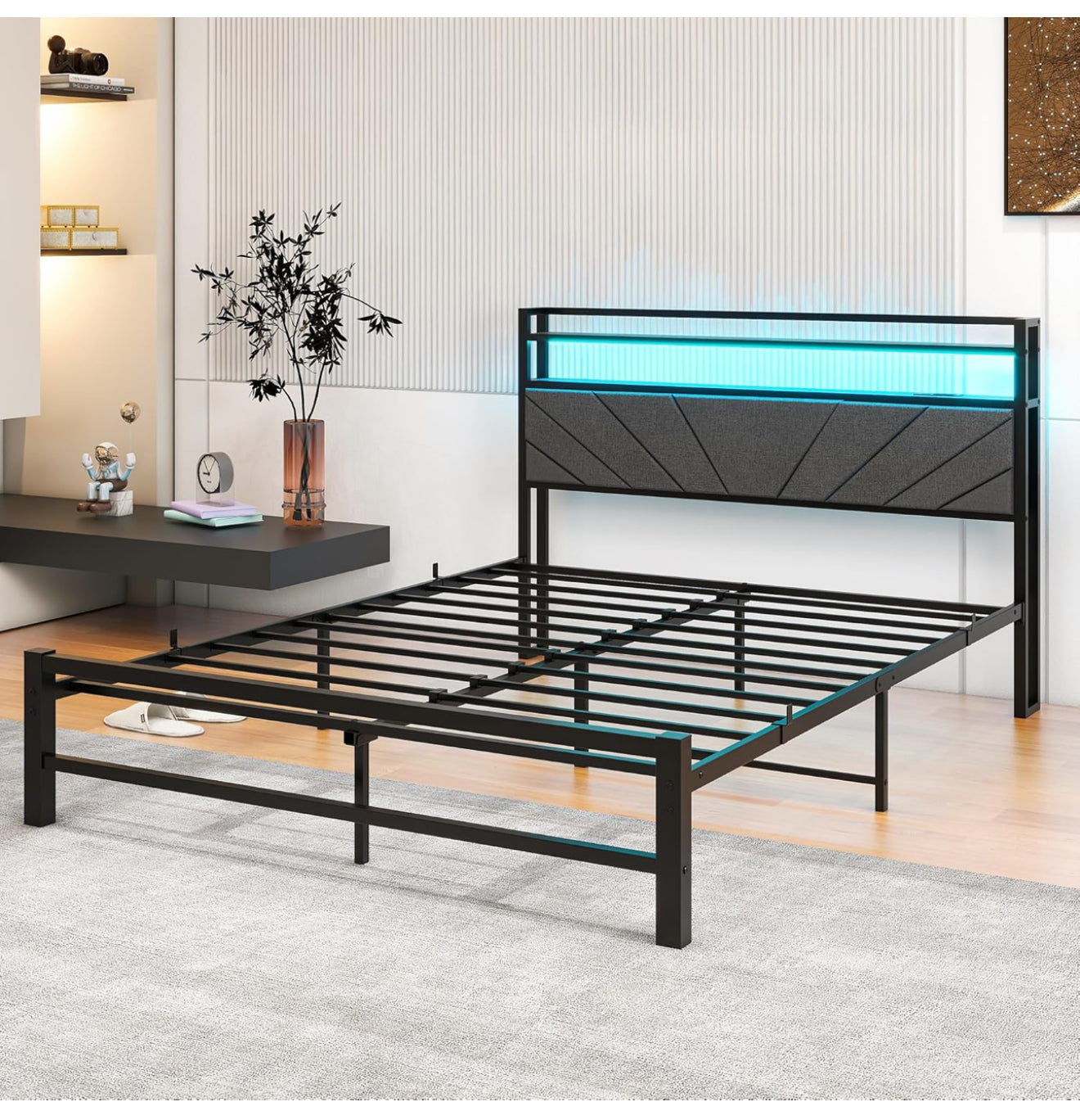 King Size Bed Frame with LED Lights Storage