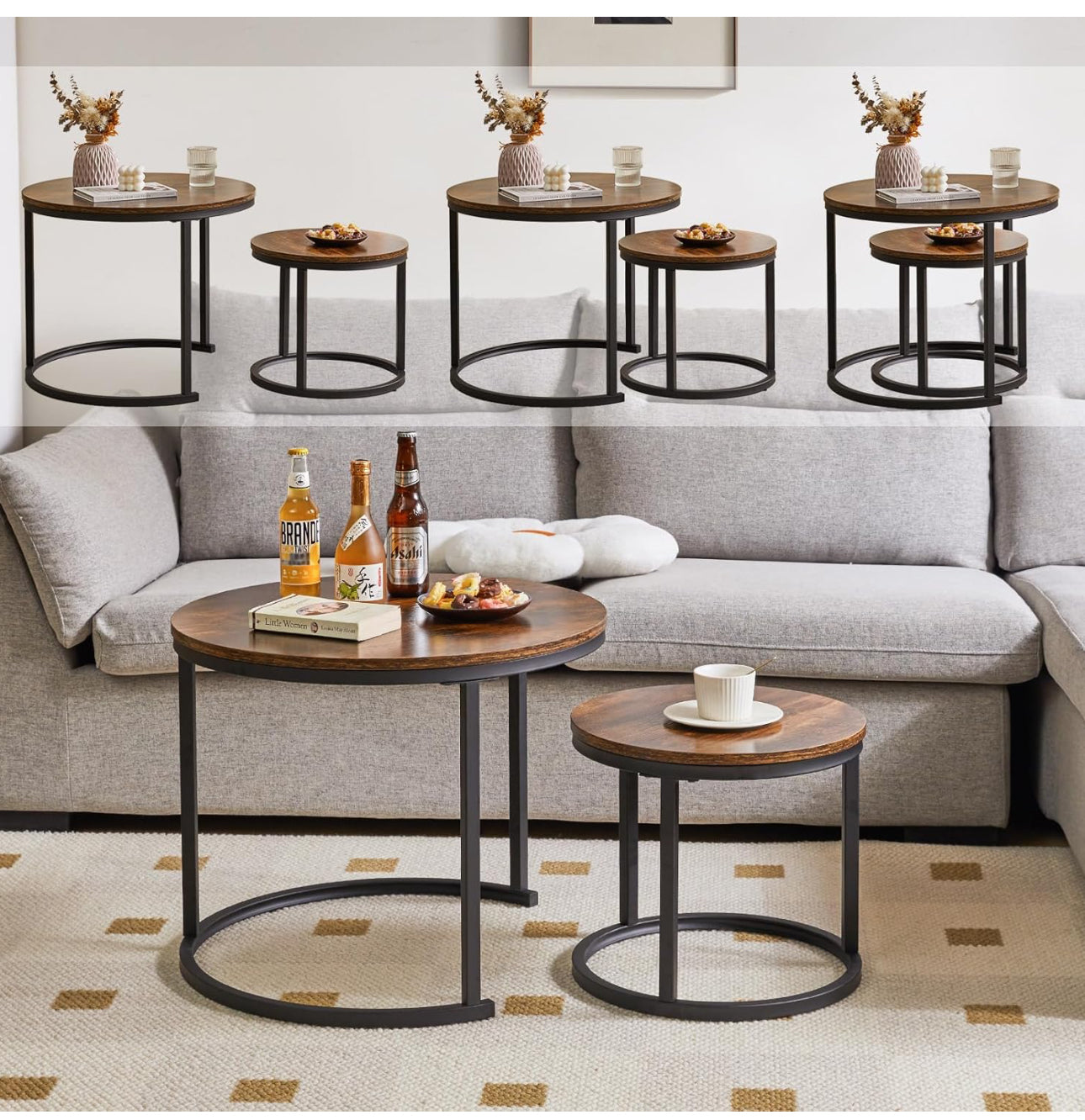 Round Nesting Table, Removable Set of 2 Coffee Tables
