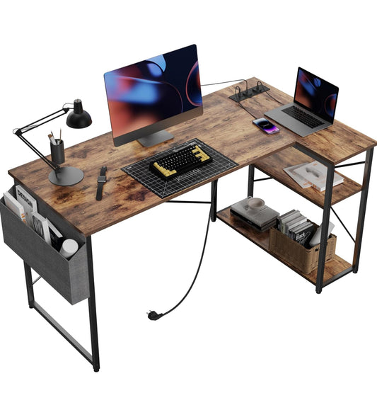 L Shaped Desk with Power Outlets - 120x70 cm