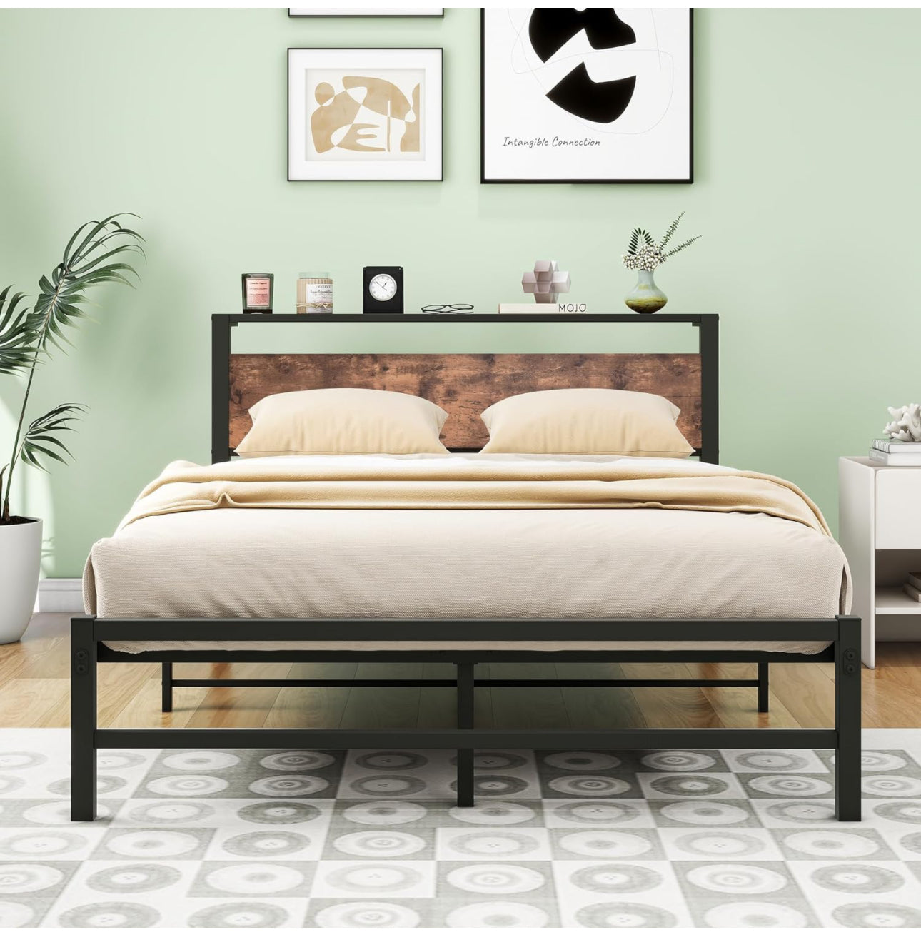 Double Bed Frame with Wood Storage Headboard