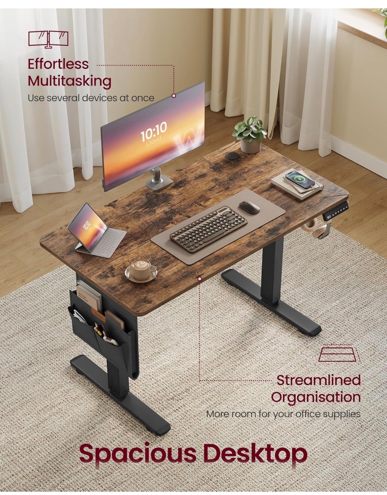 Electric Standing Desk, Height Adjustable Desk, 100 x 60 cm, Continuous Adjustment
