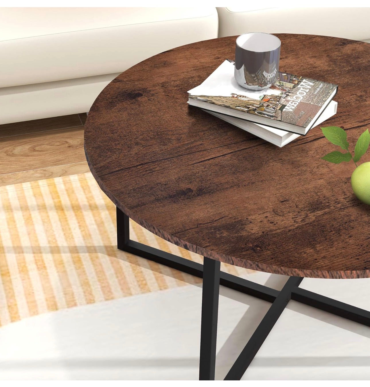 Round Coffee Table Tea Table End Table Sofa Table for Living Room with Metal Legs, Black+Brown oak