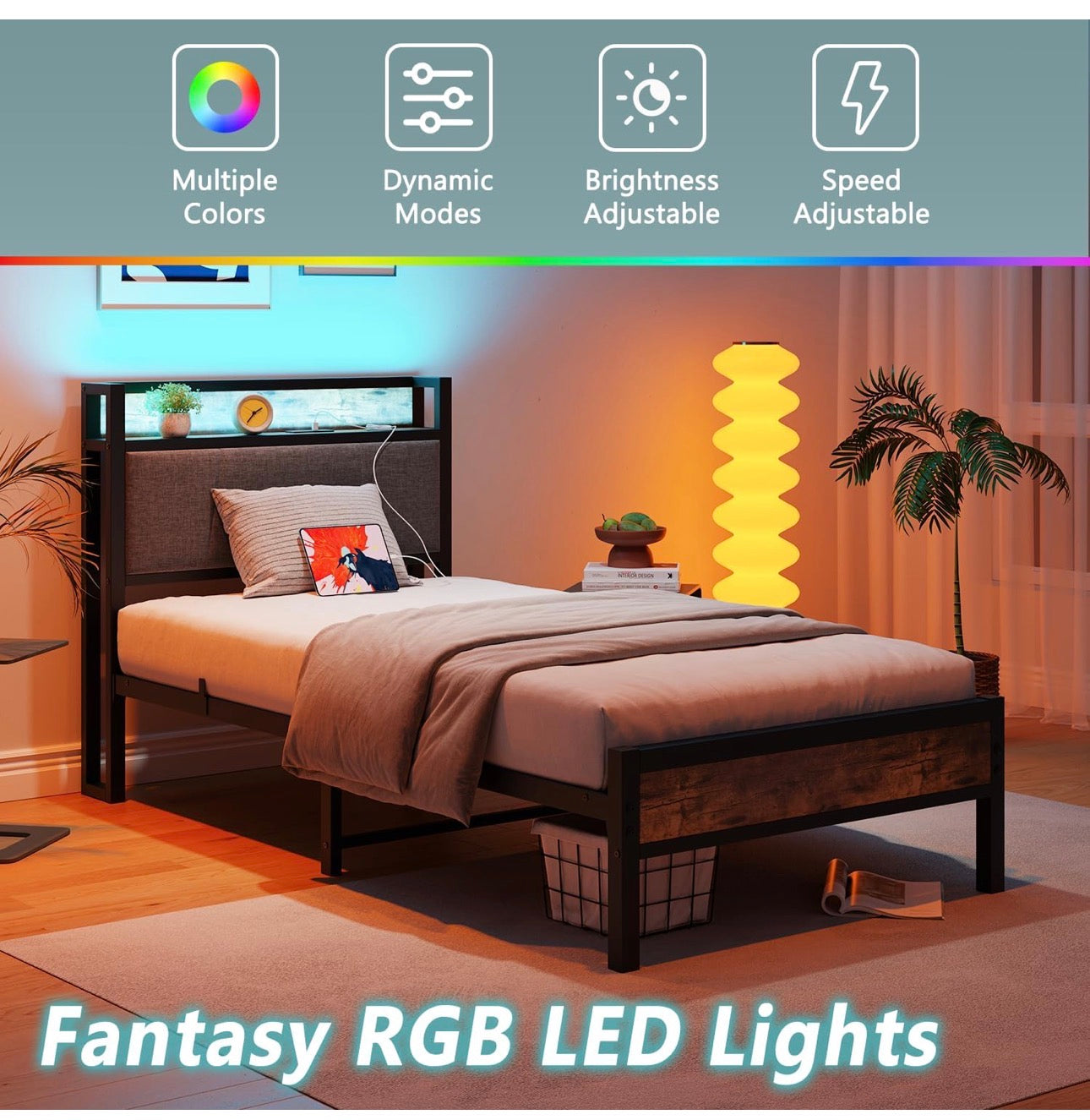 3ft Single Bed Frame with Storage Headboard,LED Lights Brown