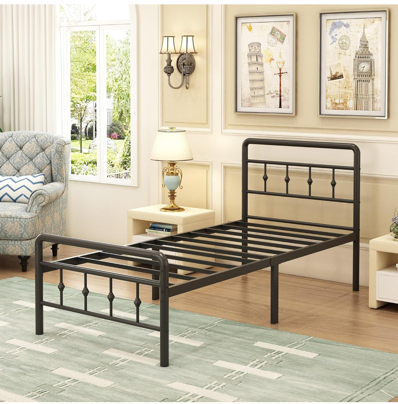 Single Bed Frame 3ft with Headboard and Footboard, Single Metal