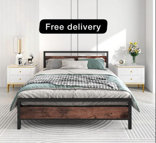 Metal Platform Bed Frame King Size with Wooden Headboard