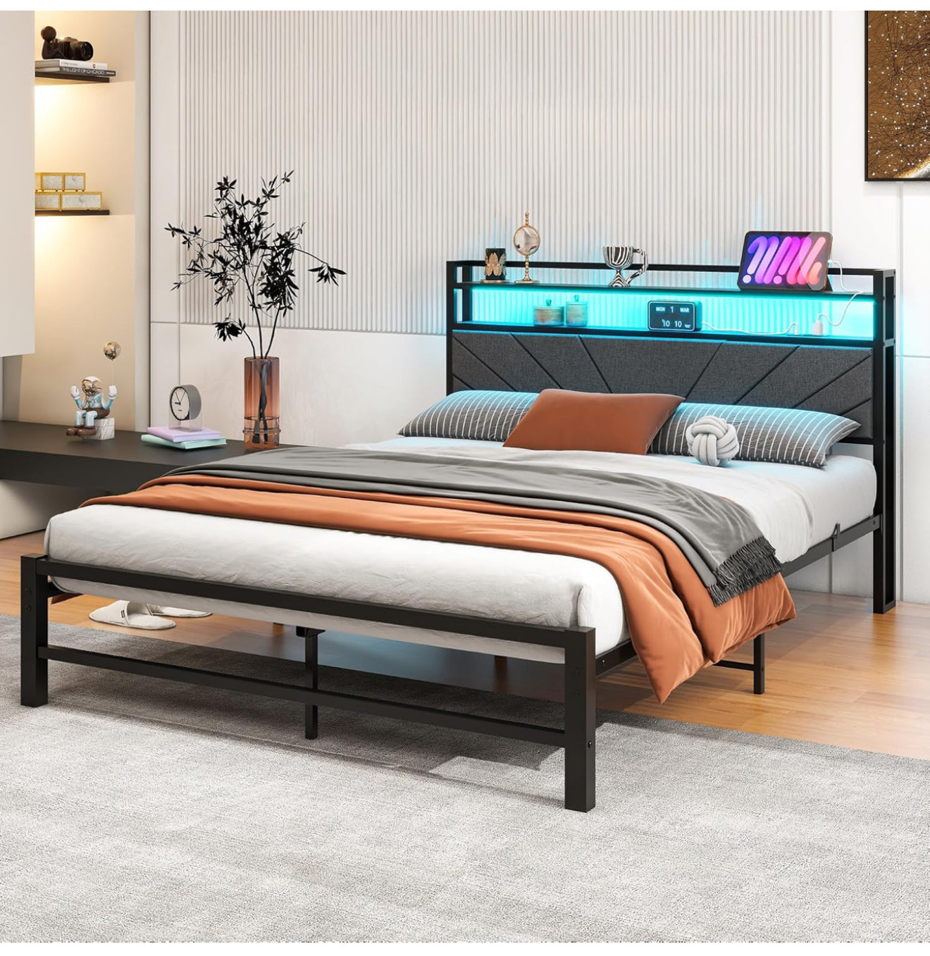King Size Bed Frame with LED Lights Storage