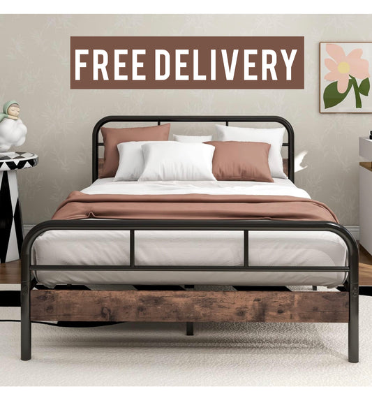 4ft Double Bed Frame with Wooden Headboard