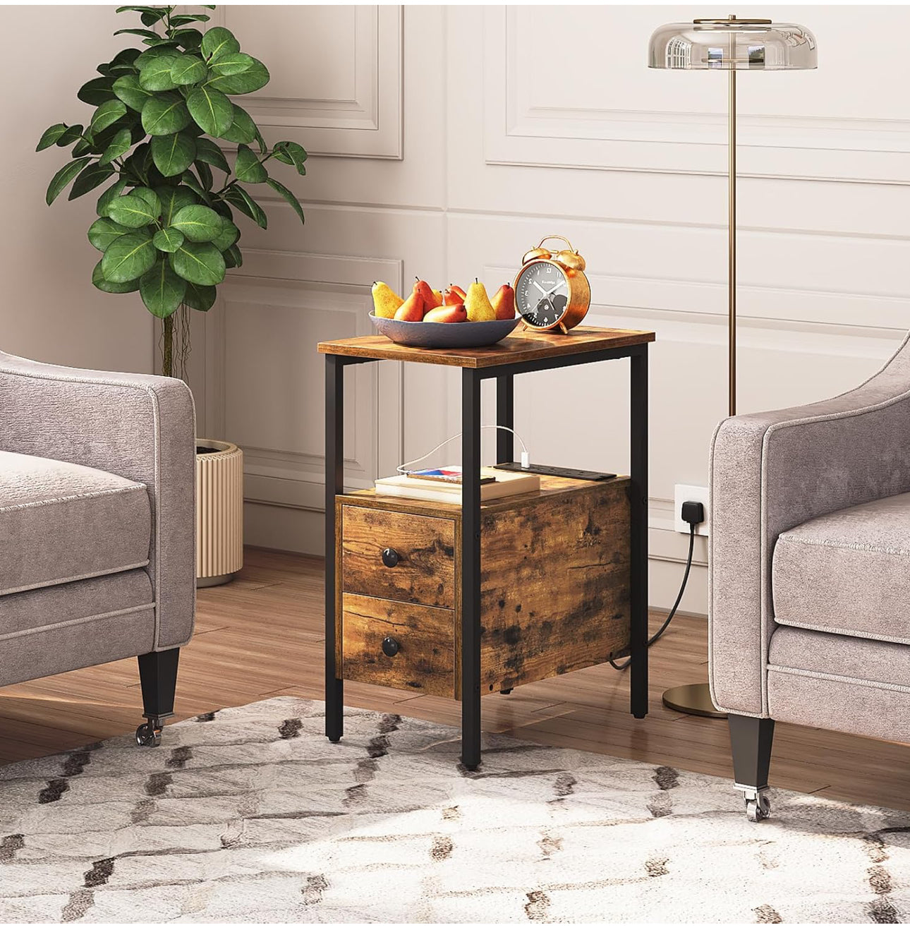 2 Bedside Tables, Side Table with Charging Station