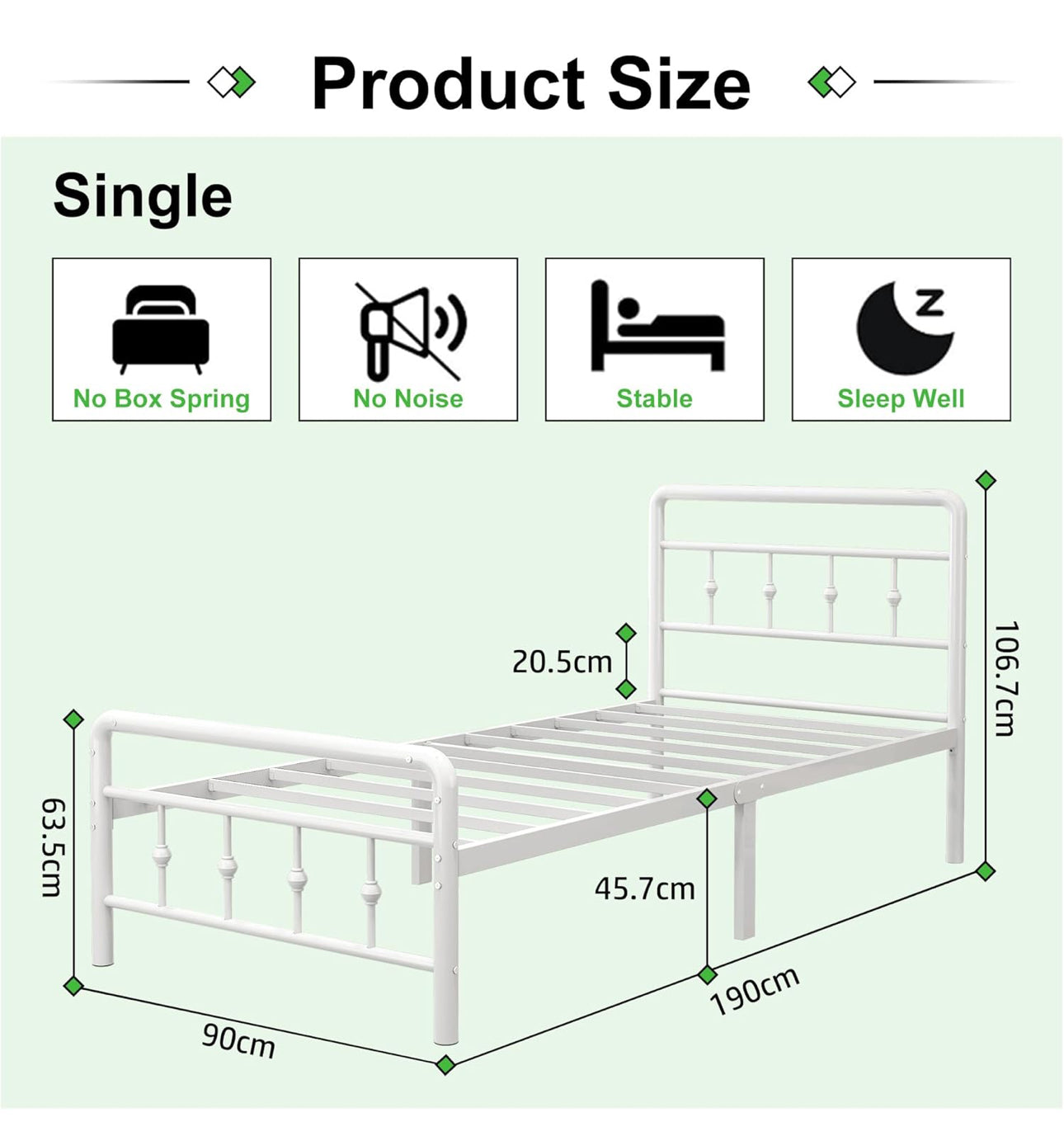 Single Bed Frame 3ft with Headboard and Footboard, Single Metal
