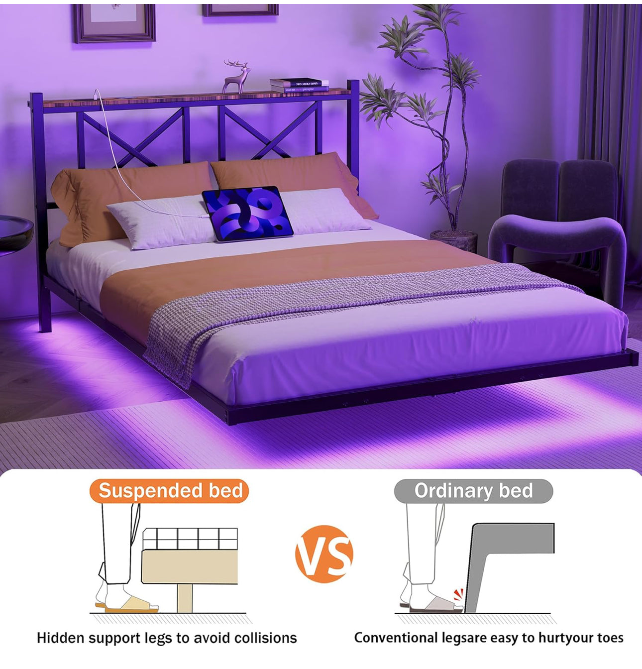 Double Floating Bed Frame with LED Lights and Charging Station