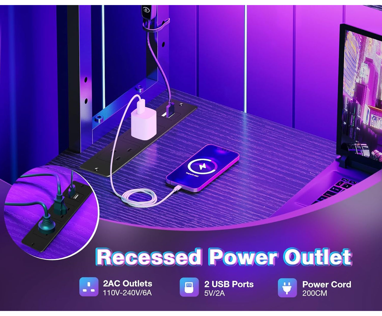 L Shaped Gaming Desk with LED Lights & Power Outlet, 135 × 100 cm
