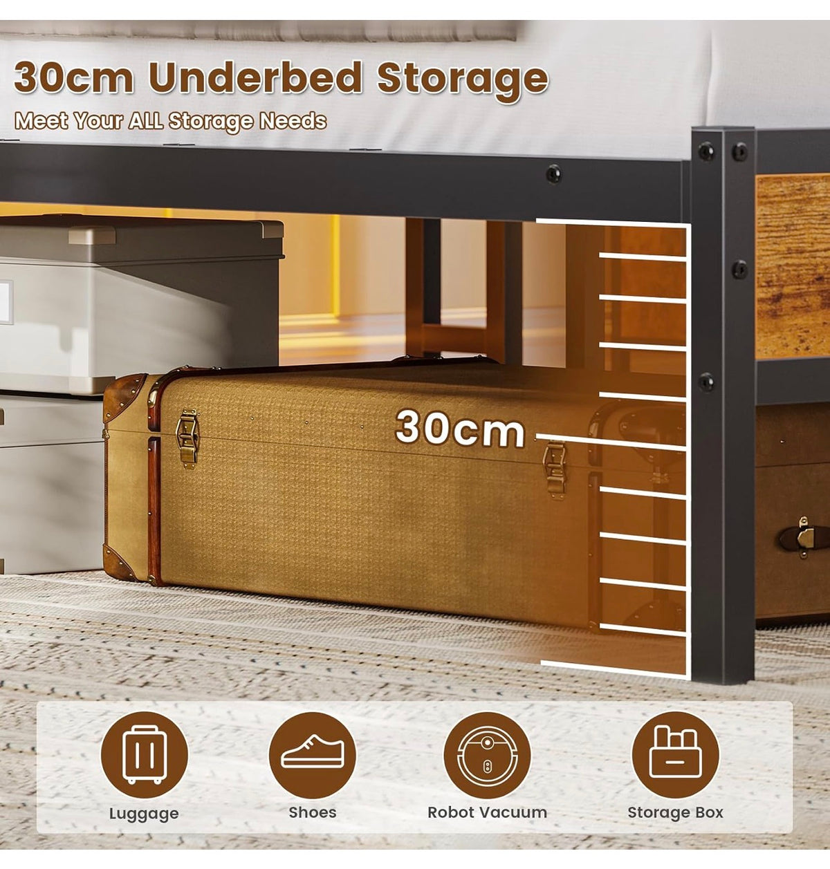 4ft6 Double Bed Frame with Wooden Headboard, Metal Platform Bed Frame with LED Lights and Charging Station,Sturdy Metal Slats Support, UnderBed Storage,Easy Assemble,No Mattress (Double-135x190cm)