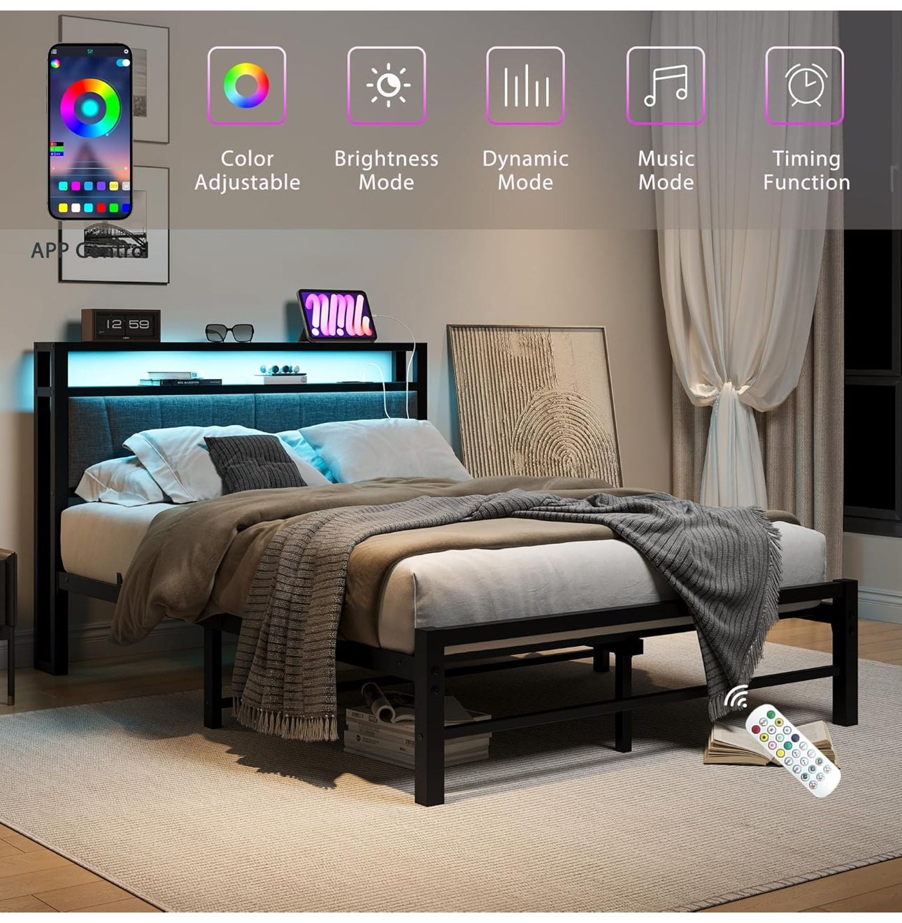 King Size Bed Frame with Storage and LED Lights