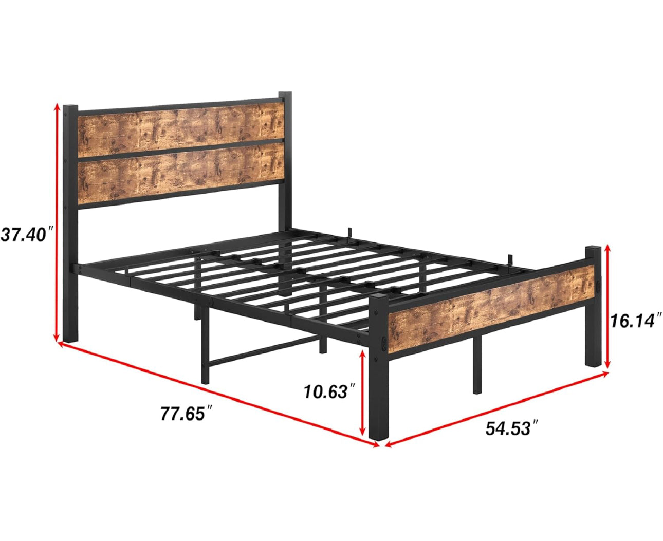 Double Bed Frame with Wooden Headboard and Footboard