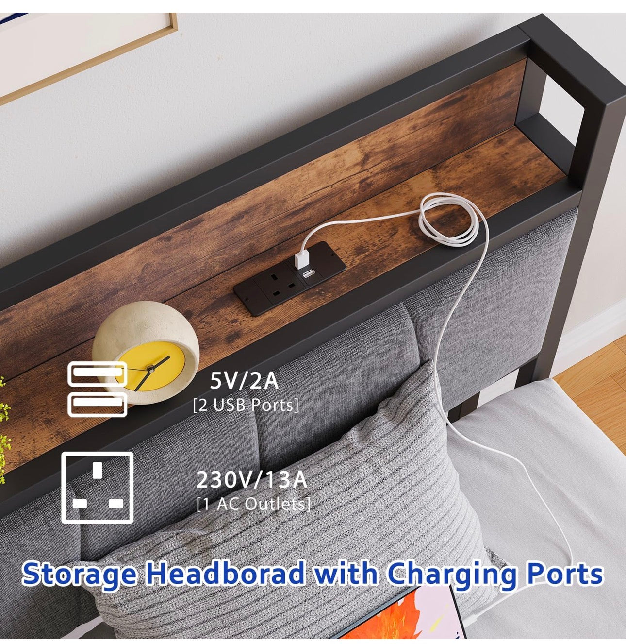 3ft Single Bed Frame with Storage Headboard,LED Lights Brown
