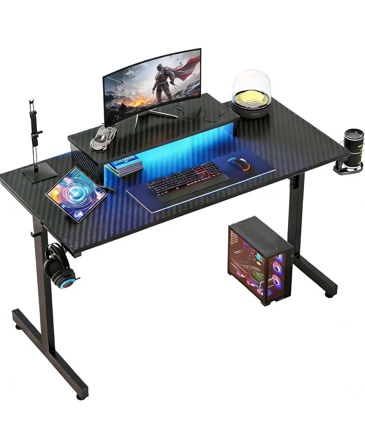 Gaming Desk 106.6 CM LED Computer Desk with Monitor Stand Gamer Workstation with Cup Holder & Headset Hooks for Home Office Bedroom Small Space