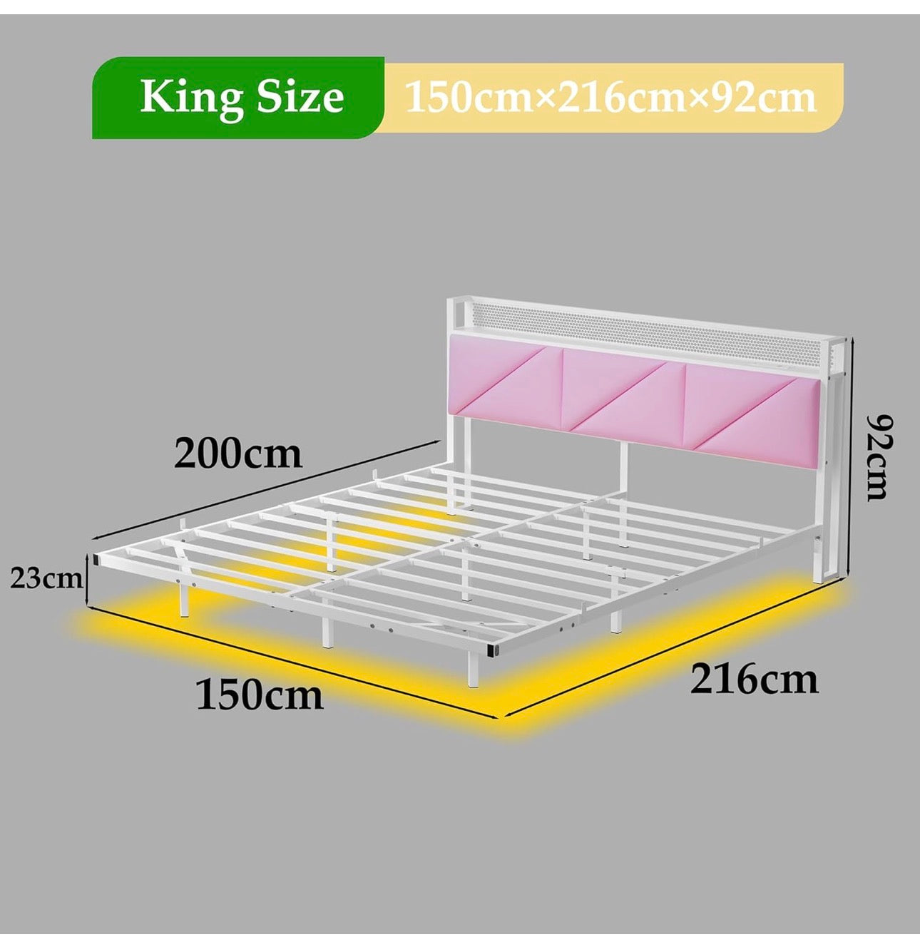 King Size Bed Frame with Floating Upholstered Storage Headboard,Pink
150x200cm Metal Bed Frame with LED Lights & USB Charging, 5ft King Platform Bed, Heavy Duty Metal Slats, Noise Free
