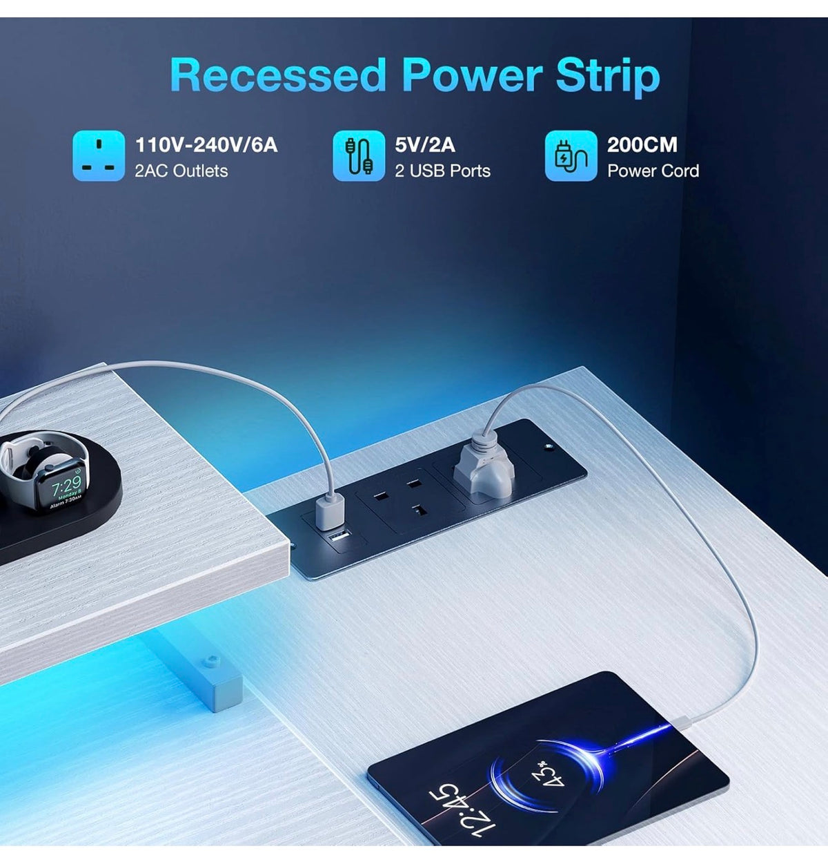 L Shaped Gaming Desk with LED Lights & Power Outlet, 100x70 cm