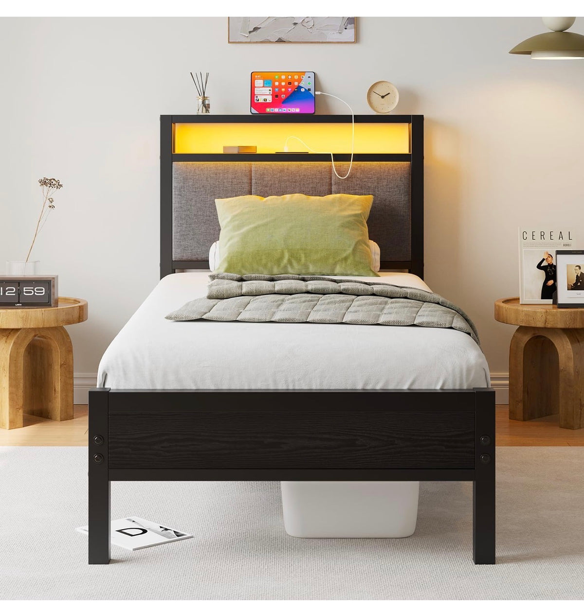 3FT Single Bed Frame with Storage Headboard, Black
Metal Single Bed with Upholstered Headboard, LED Lights and Charging Station, Heavy Duty Metal Slats Support,Easy Assembly