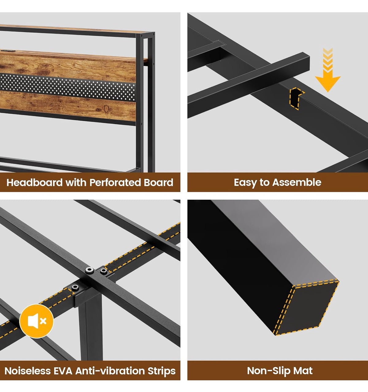 4ft6 Double Bed Frame with Wooden Headboard, Metal Platform Bed Frame with LED Lights and Charging Station,Sturdy Metal Slats Support, UnderBed Storage,Easy Assemble,No Mattress (Double-135x190cm)